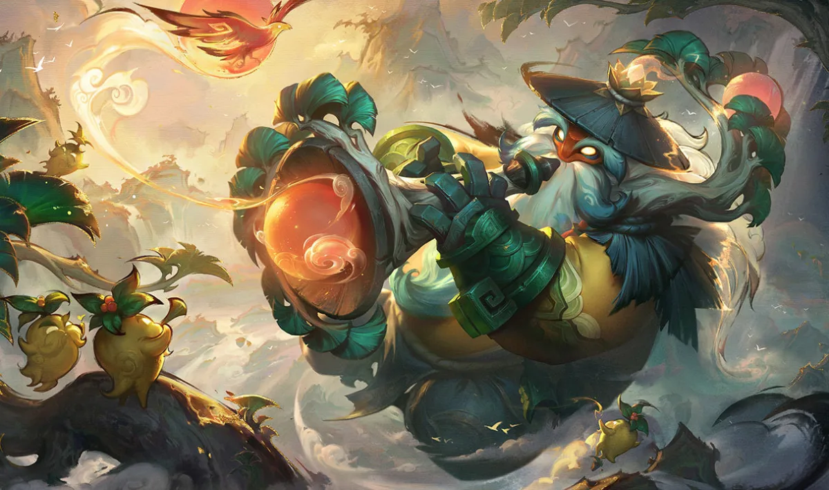 Shan Hai Scrolls Bard raising a glowing branch horn among plant spirits
