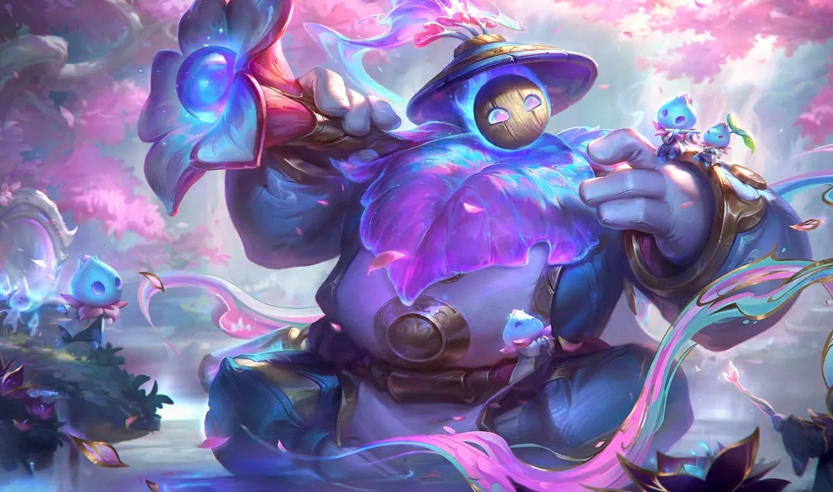 Spirit Blossom Bard carrying blue memory sprites beneath pink blossoms