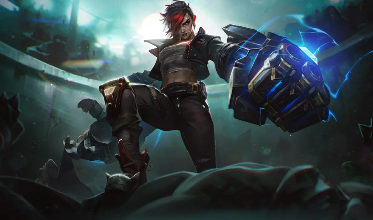 Arcane Brawler Vi standing above Zaun with charged hextech gauntlets