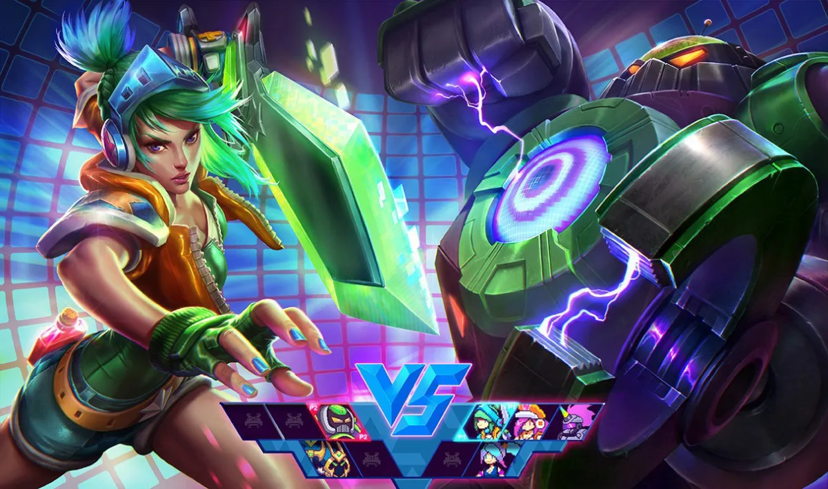 Battle Boss Blitzcrank stands on the right of Arcade Riven with green and purple armor, a chest display and large claws