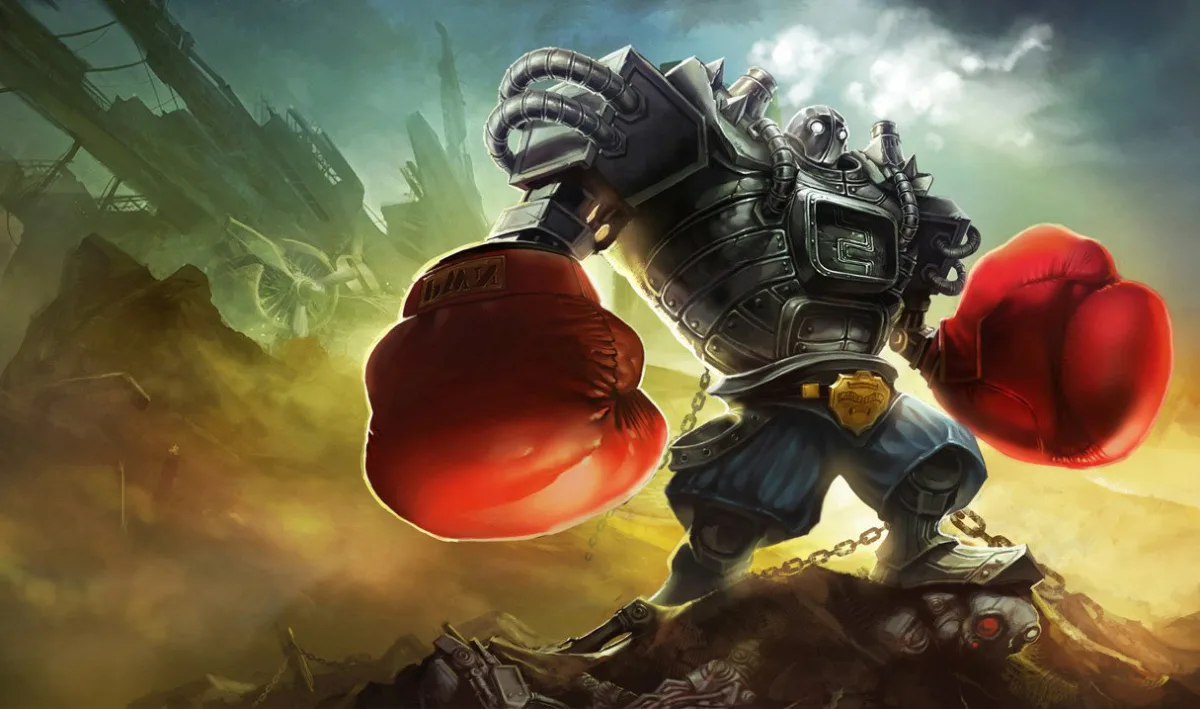 Boom Boom Blitzcrank stands in dark boxing shorts and a championship belt with enormous red boxing gloves