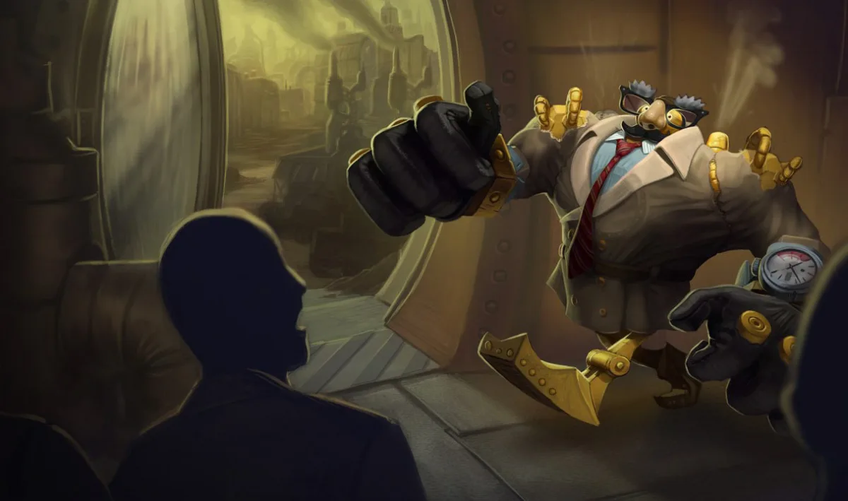 Definitely Not Blitzcrank wears a beige coat, red tie, dark glasses and a false nose while giving a large gloved thumbs-up