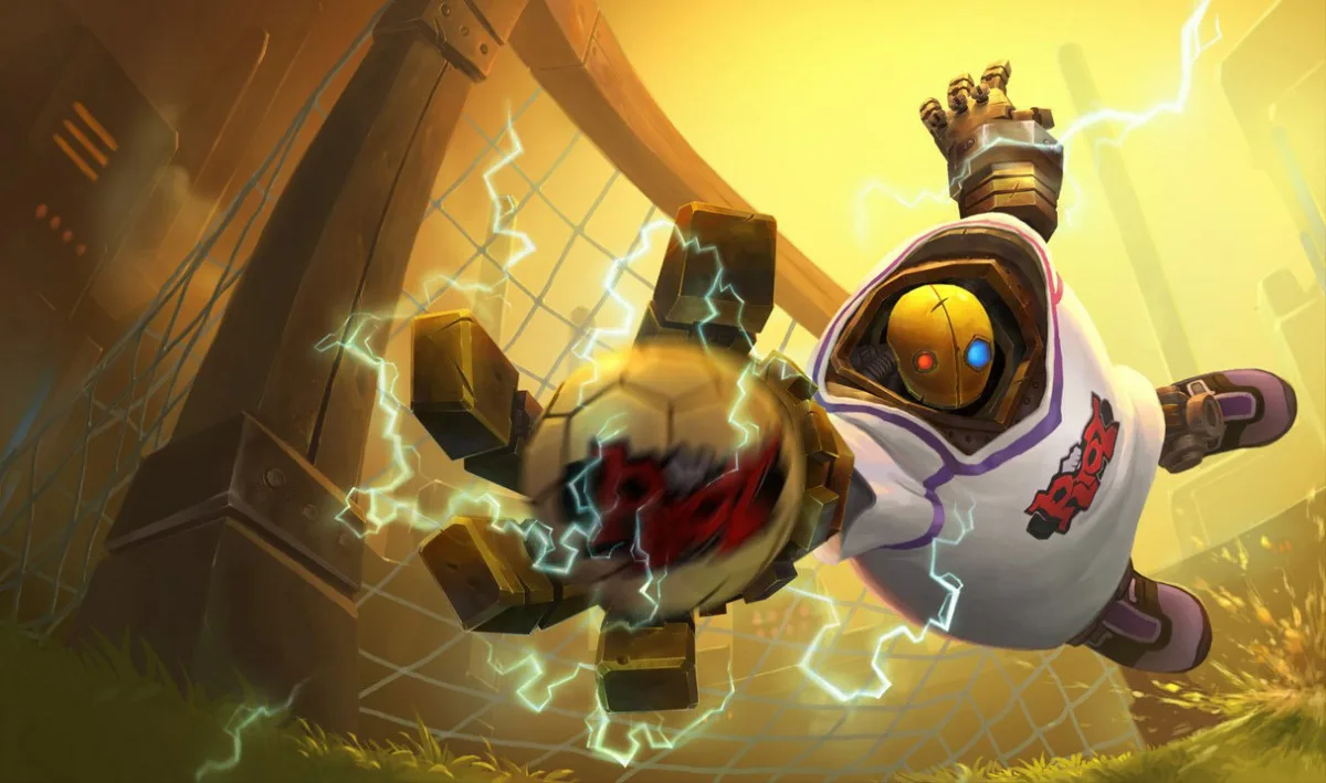 Goalkeeper Blitzcrank dives in front of a soccer net wearing a white and purple jersey and catching a ball in one large hand