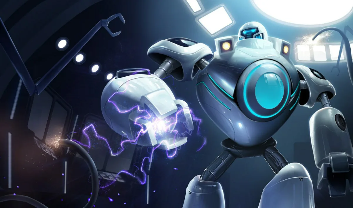 iBlitzcrank reaches forward with large white hands beneath curved white armor and a bright cyan oval chest panel