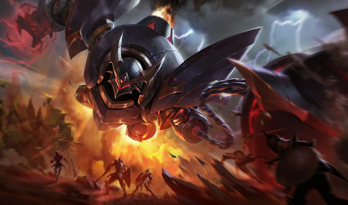 Lancer Rogue Blitzcrank towers over soldiers in dark pointed armor with a red visor and a heavy chain-connected weapon