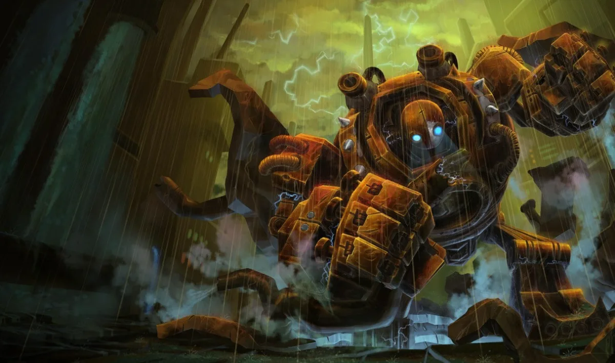 Rustier Blitzcrank stands in a rainy alley with corroded orange armor, shoulder spikes and two bright blue eyes