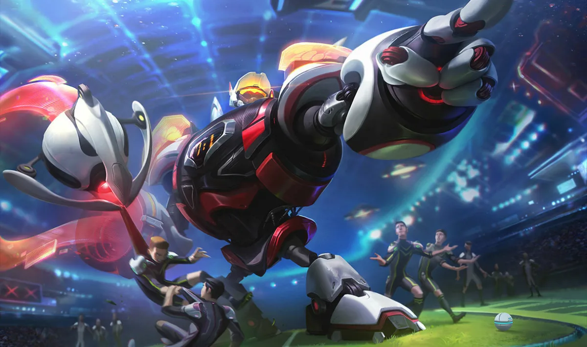 Zenith Games Blitzcrank gestures across a sports arena in red, white and black armor with a bright yellow visor