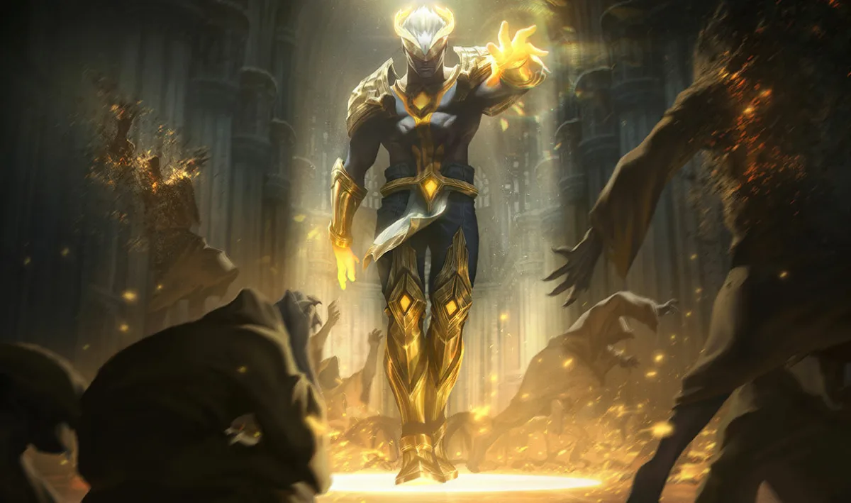 Arclight Brand walking through a stone hall in black armor lit by gold