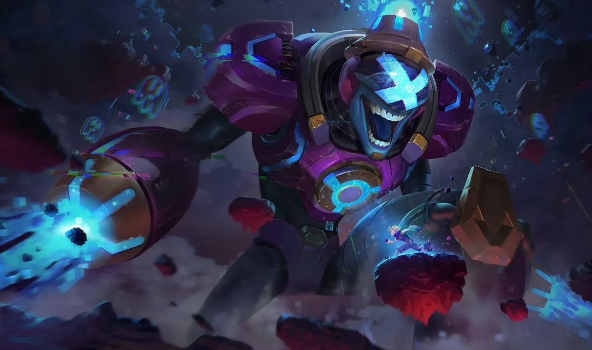 Battle Boss Brand looming in purple armor with a glowing blue X over his eyes