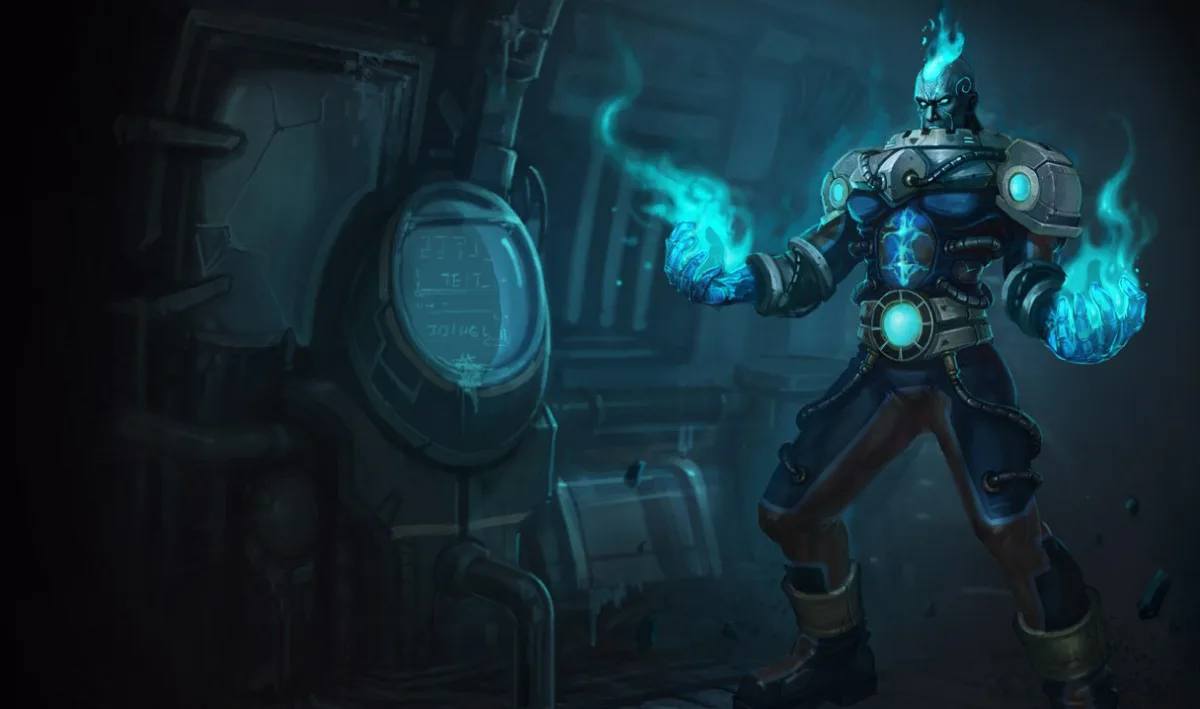Cryocore Brand in a dark laboratory suit with cyan flames in both hands