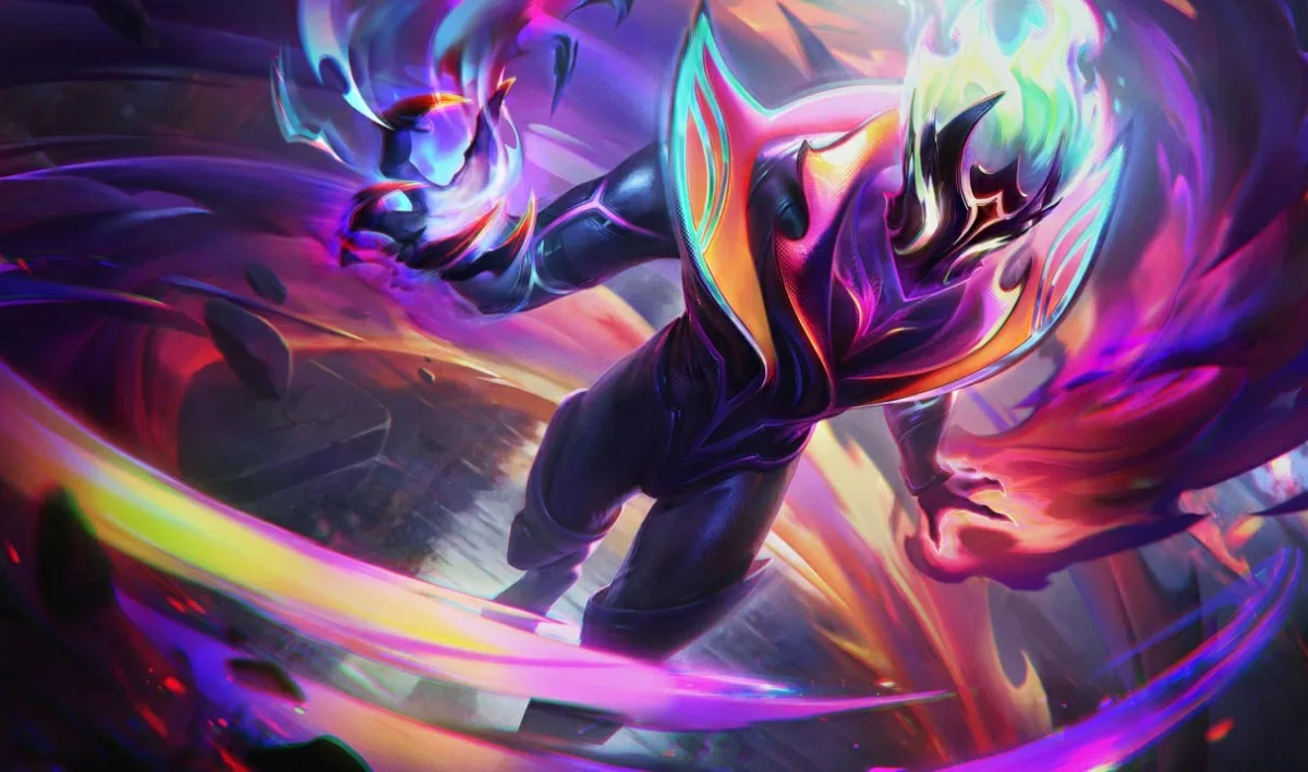 Empyrean Brand in black armor surrounded by ribbons of violet, orange, and cyan light