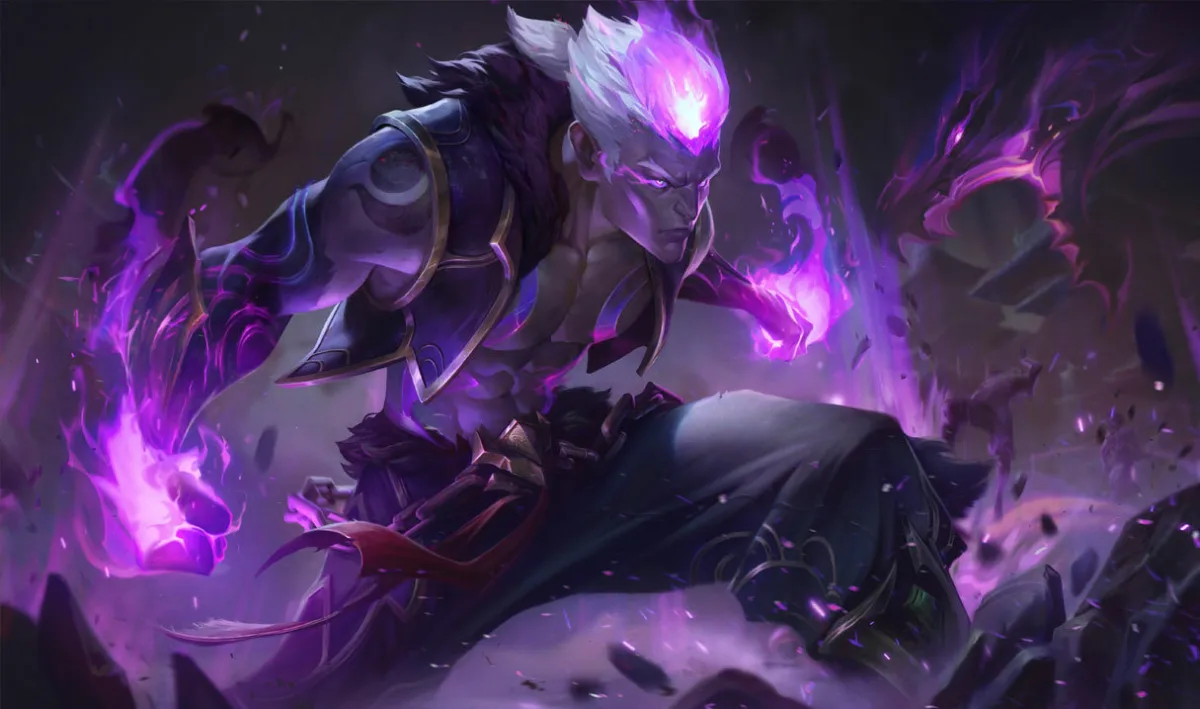 Eternal Dragon Brand crouching over a fallen figure amid curling purple dragon fire