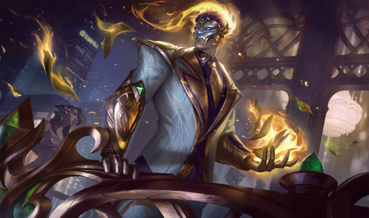 Prestige Debonair Brand in a pale suit holding golden fire on an ornate balcony
