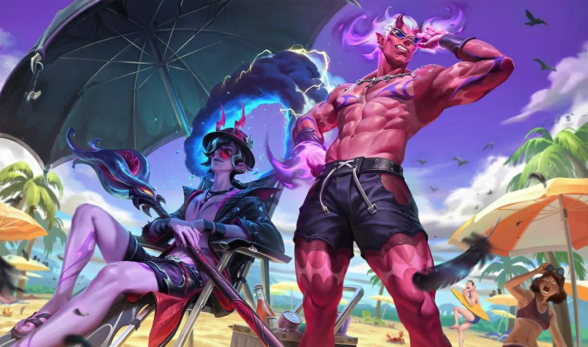 Sinful Shores Brand posing in black swim shorts beside a seated demon on a bright beach