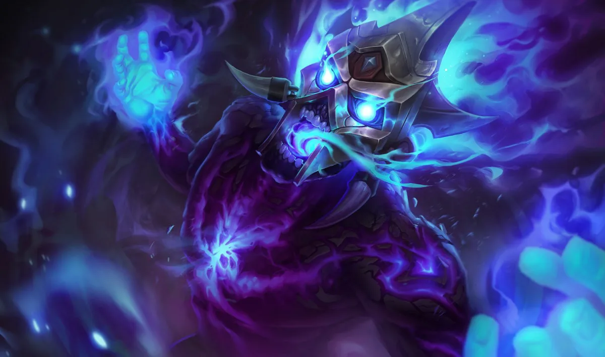 Spirit Fire Brand wearing a horned mask inside blue and purple spectral flames