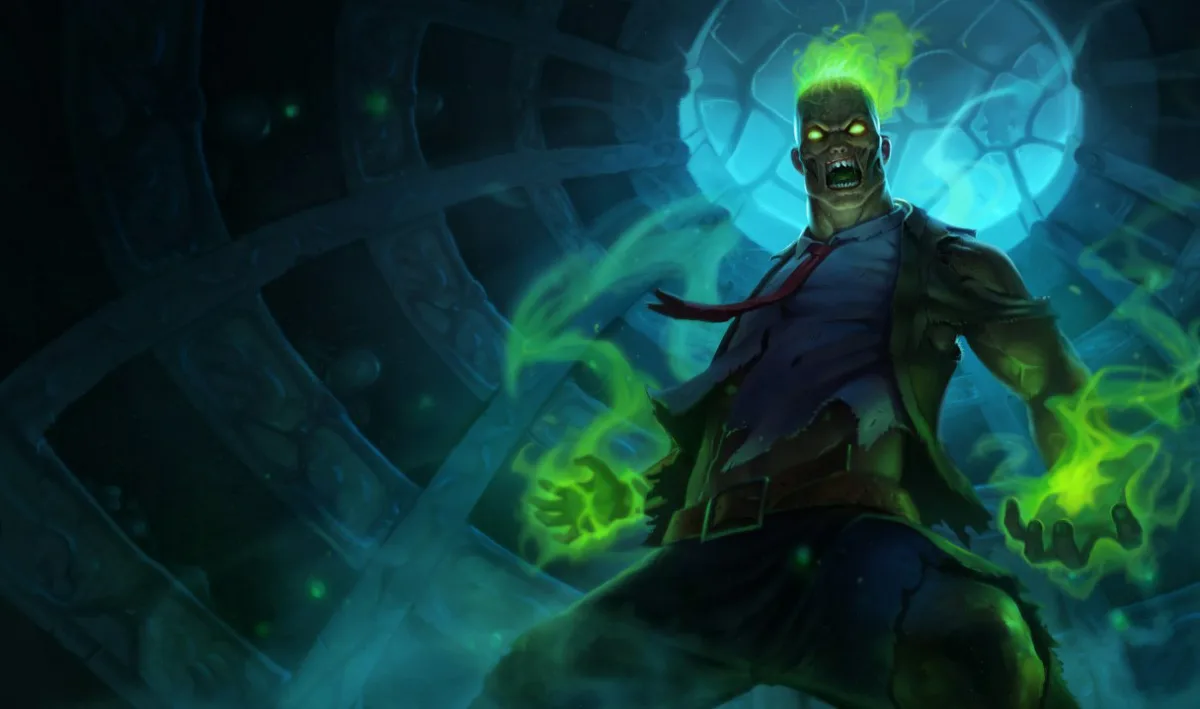Zombie Brand standing beneath a broken blue window with green fire around both hands