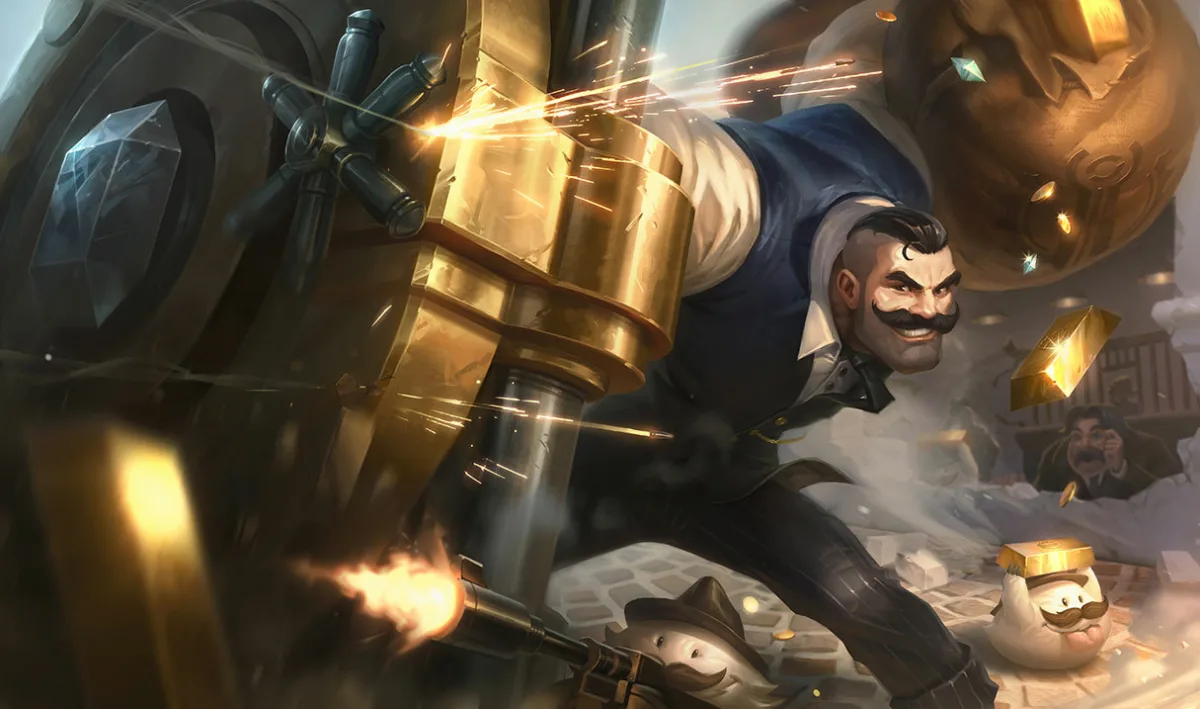 Crime City Braum grins beside a massive gold-edged vault door, wearing a dark vest and rolled white sleeves as armed poros carry gold through a bank.
