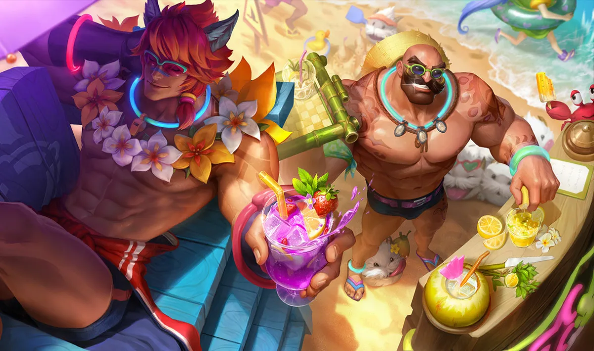Pool Party Braum wears round sunglasses, a straw hat, and swim briefs while serving a drink at a beach bar beside Sett and a small poro.