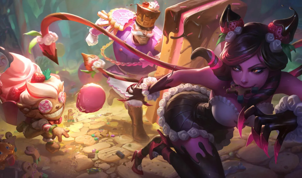Sugar Rush Braum stands behind Evelynn and Ziggs in pink confectionery armor, with a dessert-shaped hat, white mustache, and tall chocolate-edged waffle shield.