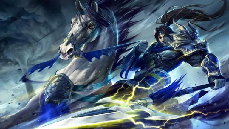Warring Kingdoms Xin Zhao riding a white horse with blue-and-gold armor and a long spear