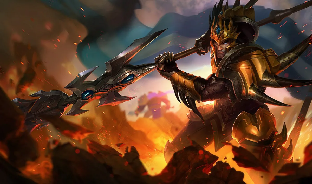 Jarvan IV in gold armor and a crown-like helmet holding a long lance above a fiery battlefield