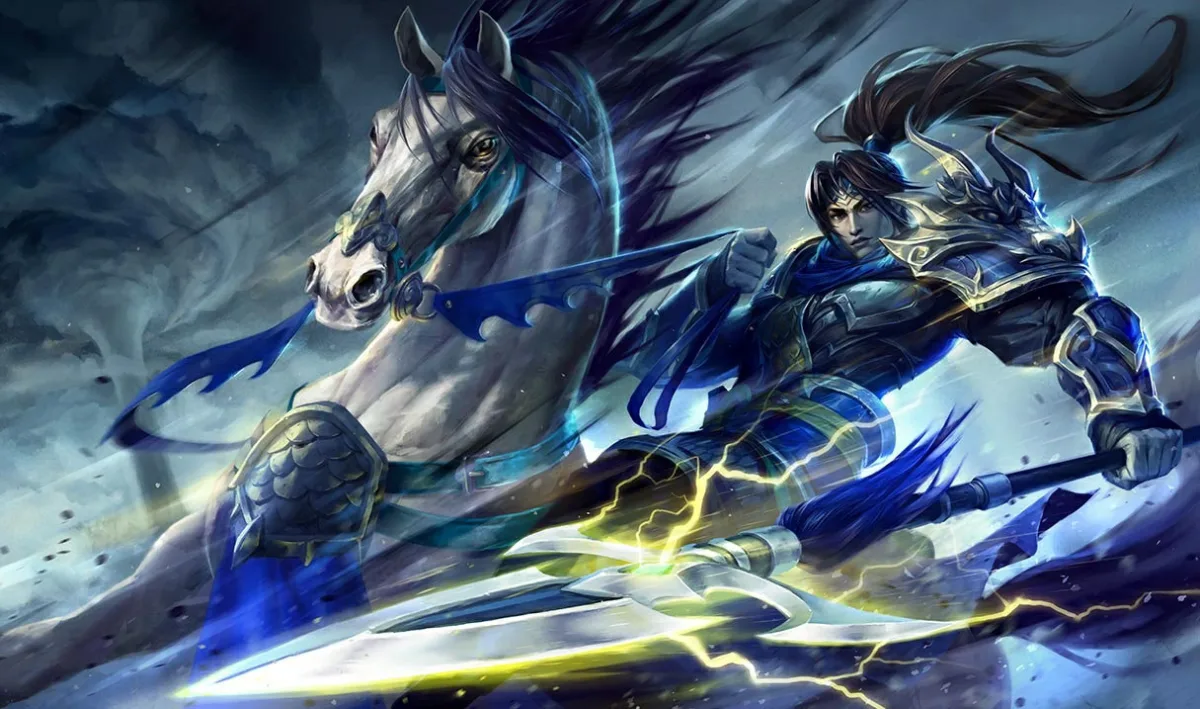 Warring Kingdoms Xin Zhao riding a white horse with blue-and-gold armor and a long spear