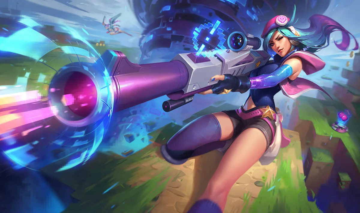 Arcade Caitlyn firing a neon cannon through blue and pink pixel effects