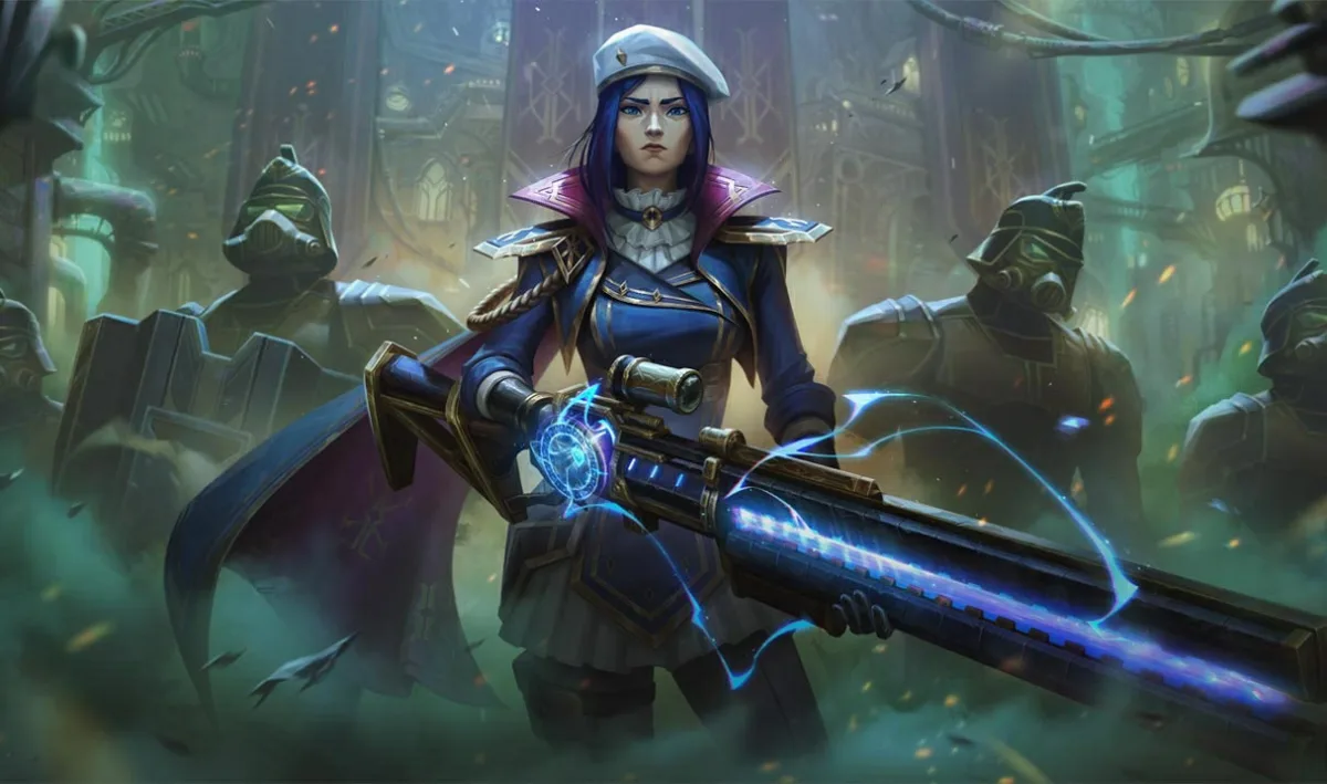 Arcane Commander Caitlyn standing between masked enforcers with a blue-lit rifle