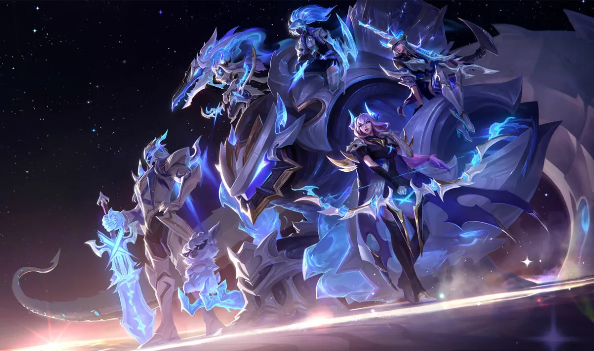 DRX Caitlyn and her teammates gathered beneath a blue spectral dragon