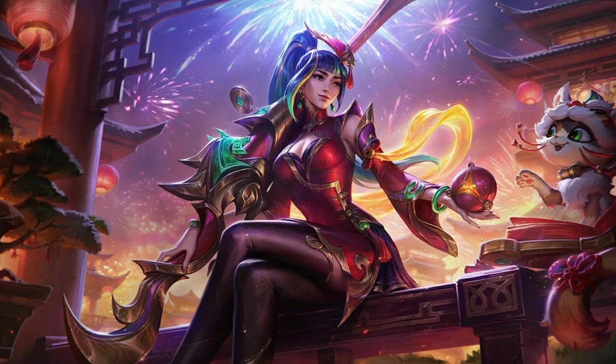 Firecracker Caitlyn seated above a festival beneath blue and pink fireworks