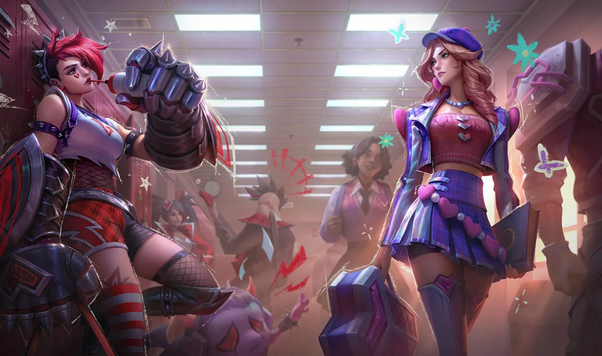 Heartthrob Caitlyn standing in a school hallway opposite Heartache Vi