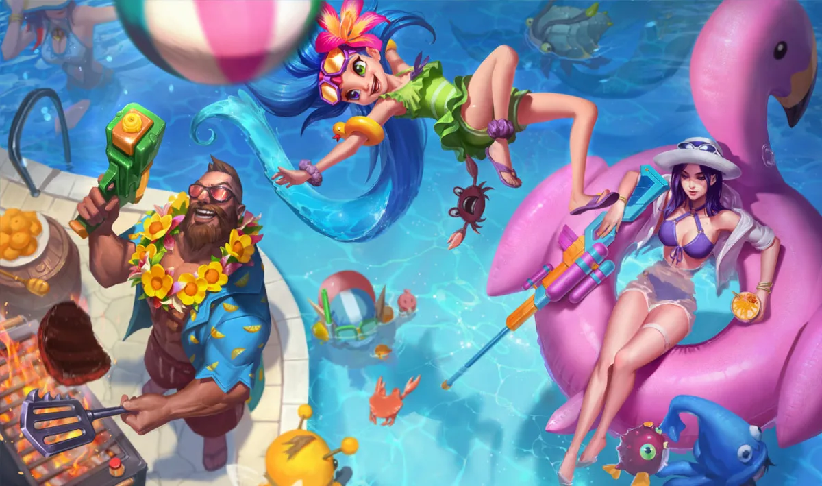 Pool Party Caitlyn reclining on a pink flamingo float with a water rifle beside the pool