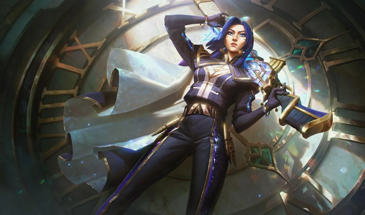 Prestige Arcane Commander Caitlyn posing in a navy and white uniform before a circular window