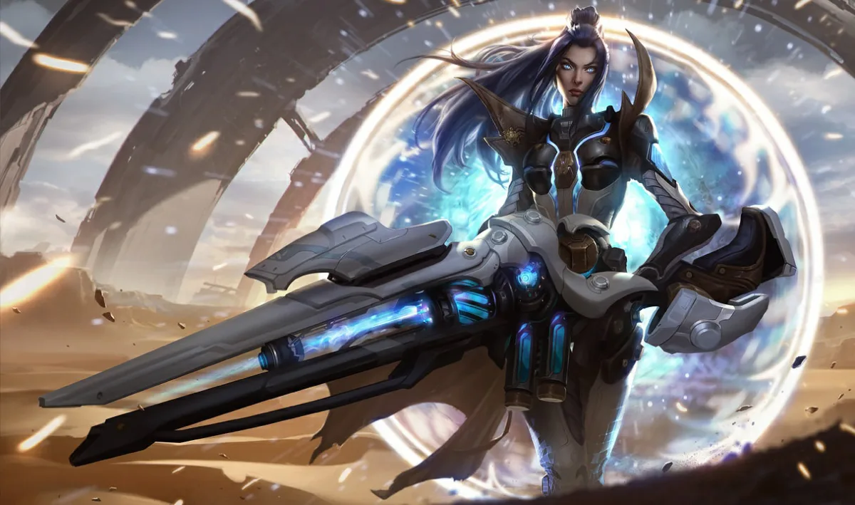 Pulsefire Caitlyn holding an oversized plasma rifle before a bright circular portal