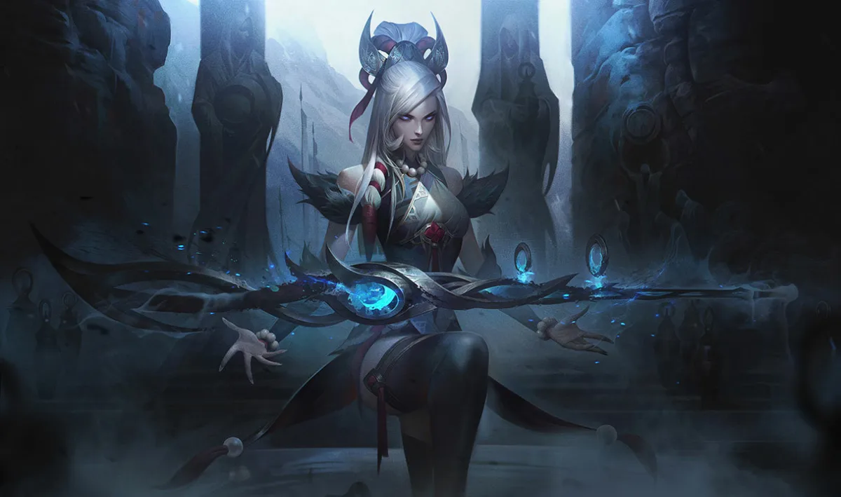 Snow Moon Caitlyn holding a spectral blue rifle in a shadowy stone shrine