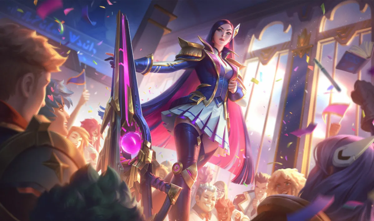 Battle Academia Caitlyn standing with a pink energy rifle before cheering students