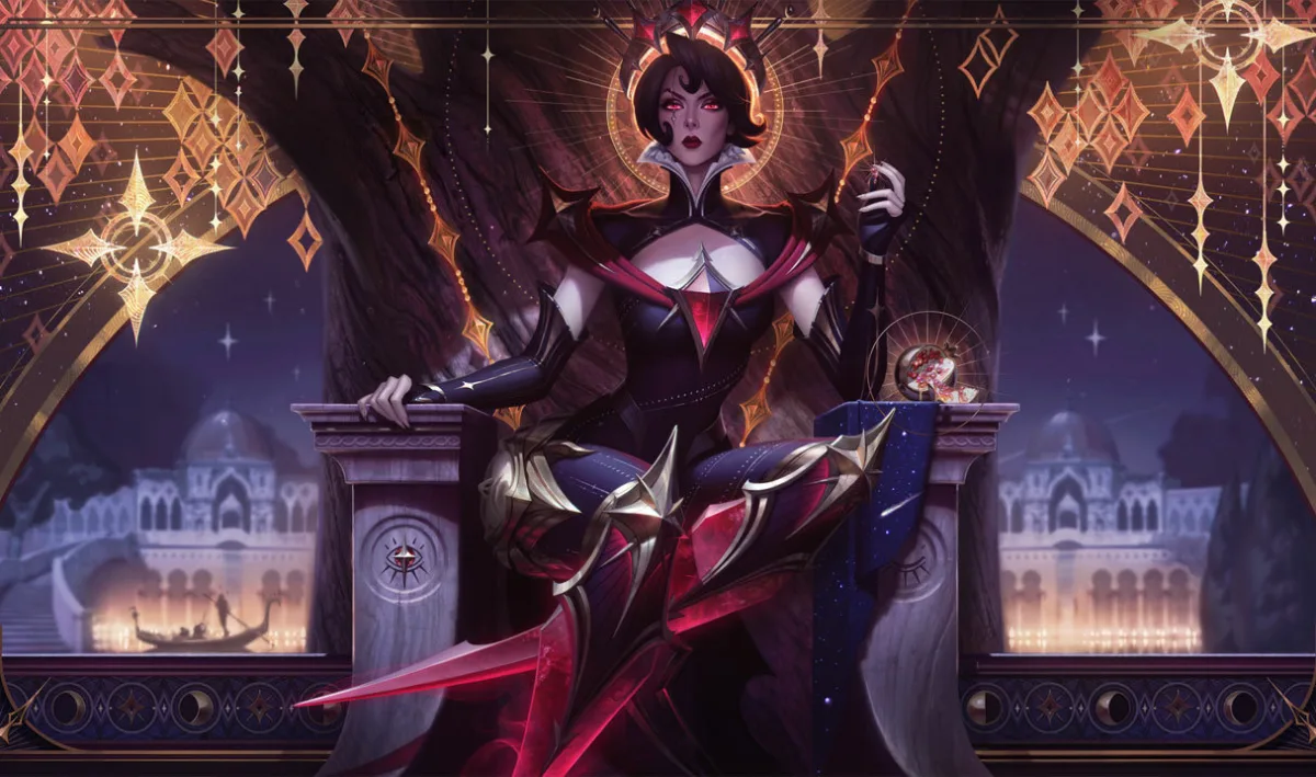 Arcana Camille sits on a stone throne in black, red, and gold clothing, with red gemstone leg blades and a golden crown beneath hanging geometric ornaments.