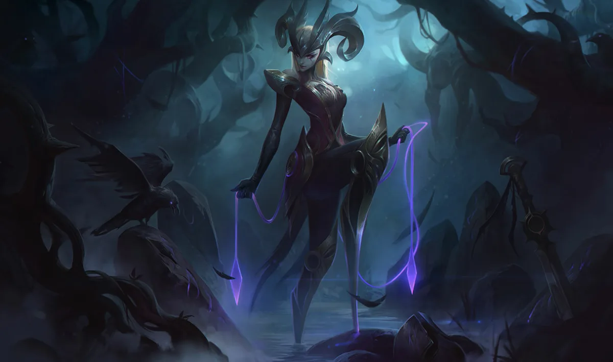 Coven Camille stands in a dark forest wearing a curled horned headdress and black armor, with thin leg blades and glowing purple cords among ravens.