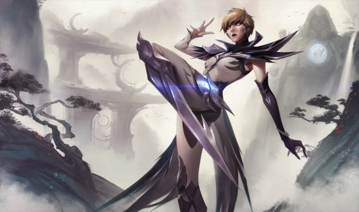 iG Camille wears white and black armor with feather-like shoulder pieces and long dark leg blades, with short blond hair against pale mountains and stone arches.