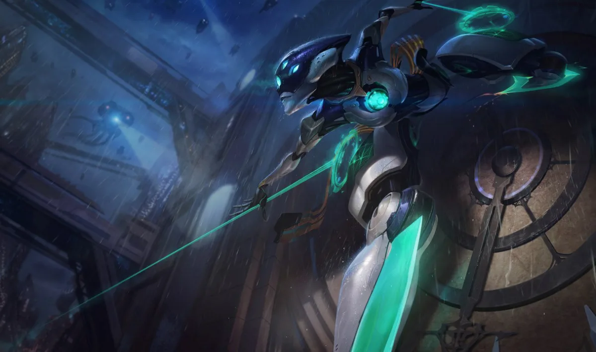 Program Camille clings to a building in segmented white robotic armor, with a dark helmet, glowing green joints, and a broad green blade.