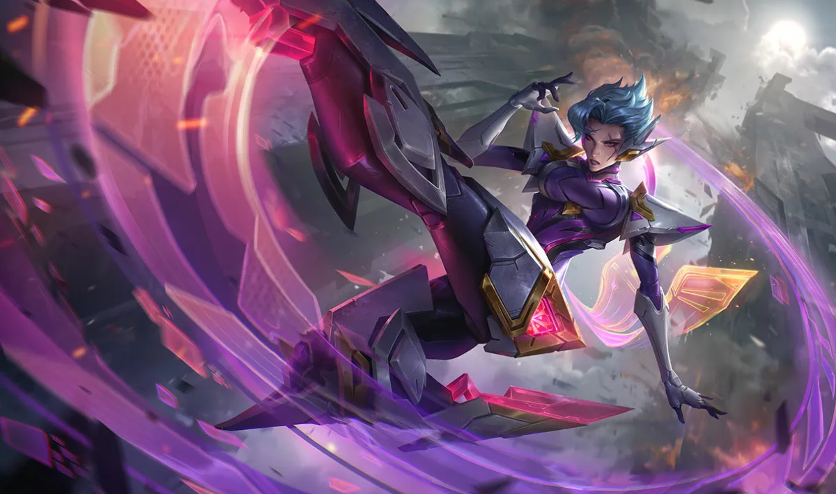 Strike Commander Camille kicks toward the viewer in angular purple and silver armor, with blue hair and bright pink blades above a ruined city.