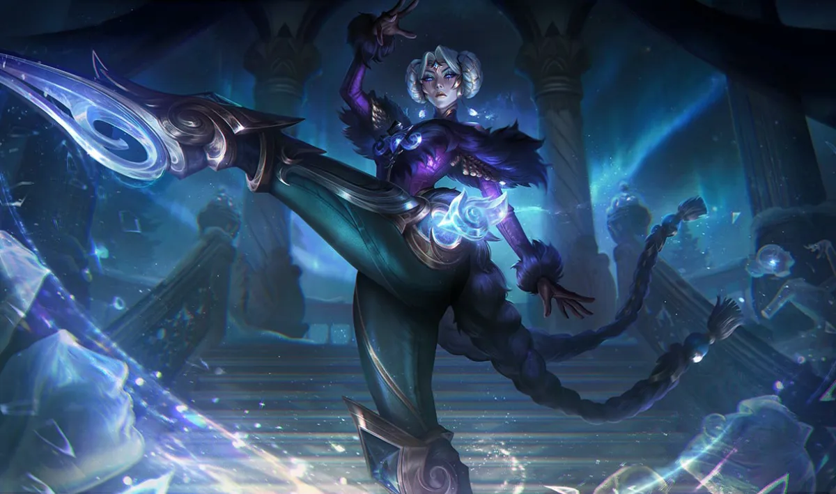 Winterblessed Camille raises a leg fitted with a glowing icy blade, wearing purple fur-trimmed clothing and long dark braids inside a blue-lit hall.
