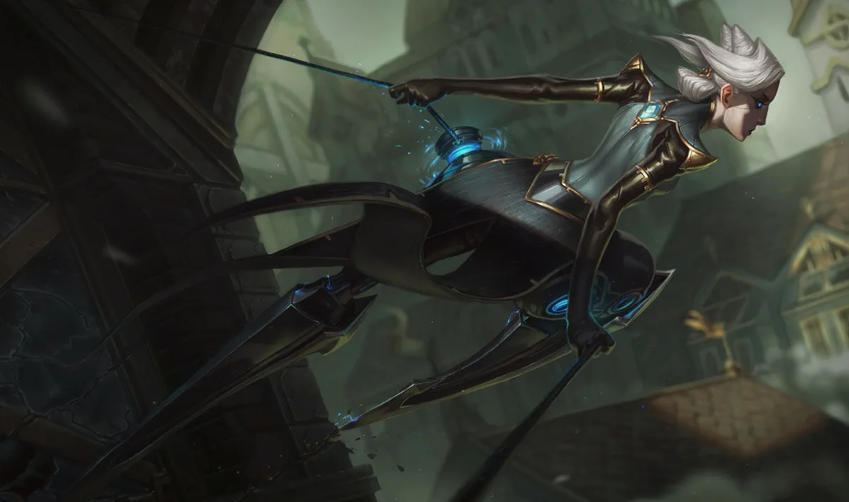 Camille lunges beside a city building in a dark tailored coat, with swept white hair, long leg blades, and blue-lit hip mechanisms.