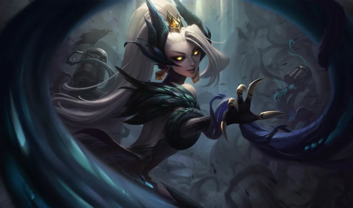 Coven Zyra with white hair, glowing gold eyes, and dark feathered armor surrounded by curling tendrils
