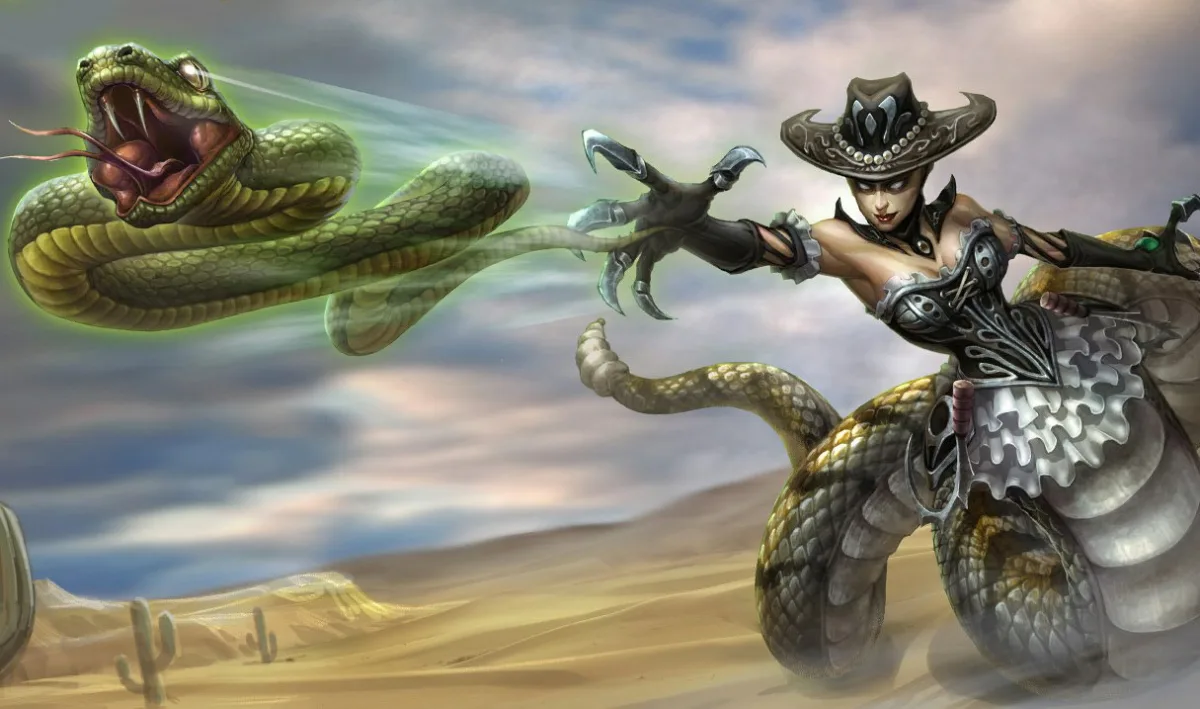 Desperada Cassiopeia wears a broad western hat and metal claws above a patterned rattlesnake tail in a desert scene