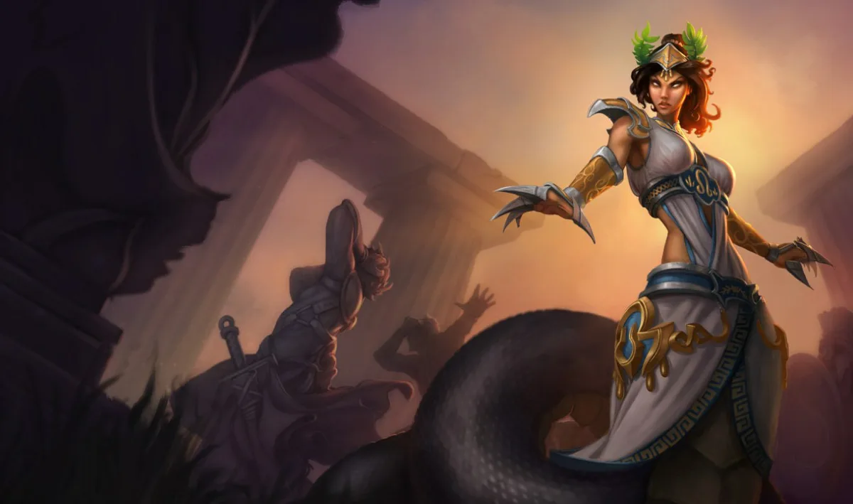 Mythic Cassiopeia in a white and blue Greek-inspired outfit with a gold headpiece and green laurel leaves rises above dark coils near a petrified warrior