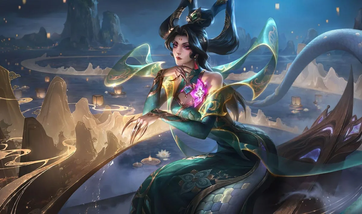 Prestige Mythmaker Cassiopeia wears a green and gold outfit with flowing ornamental ribbons above a pale scaled tail in a lantern-lit paper landscape