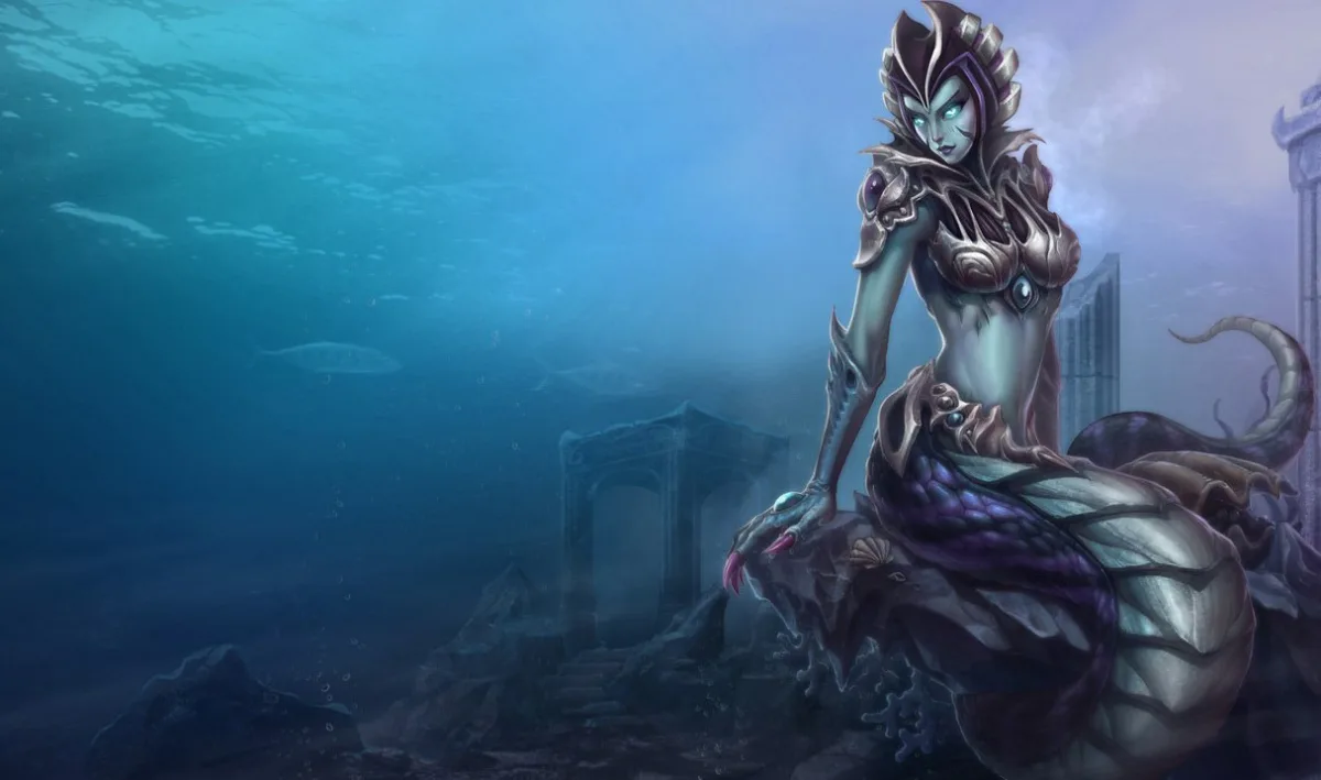 Siren Cassiopeia with blue skin and dark silver armor rests a hand beside purple scales and a pale plated tail in underwater ruins