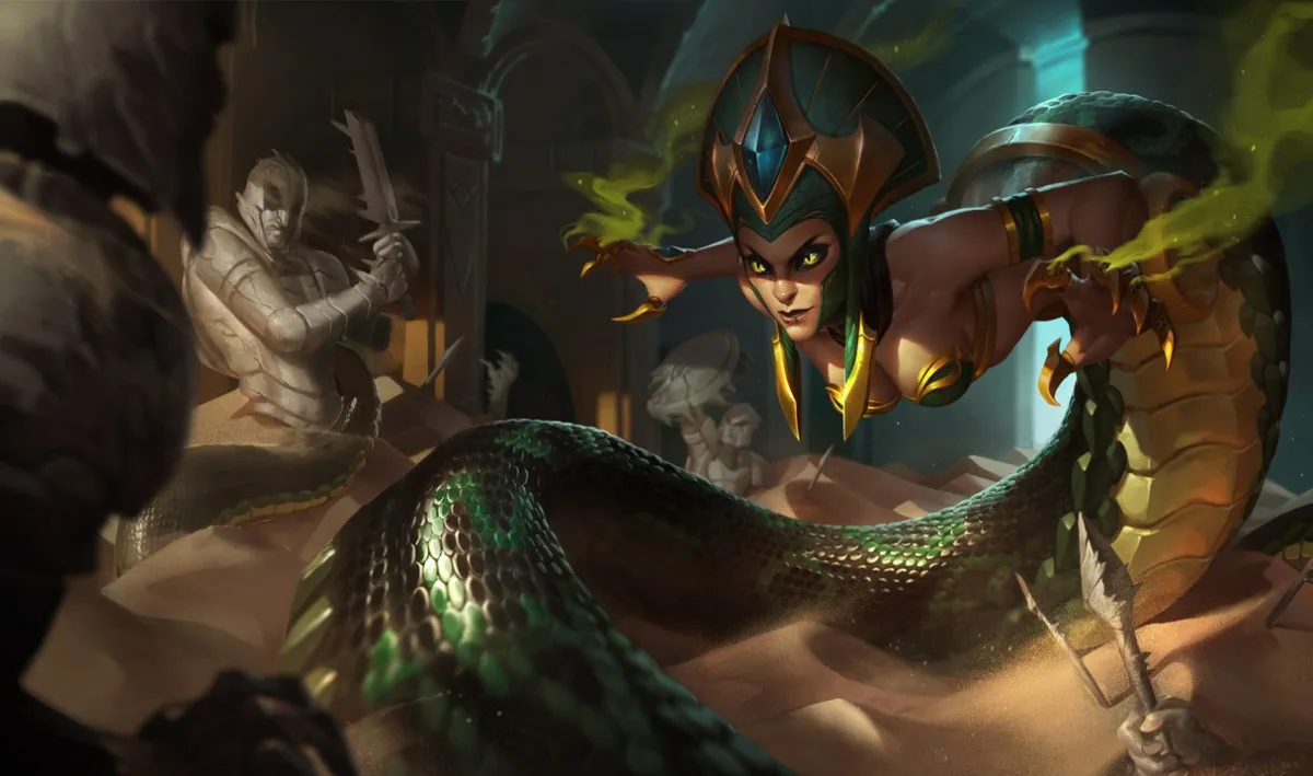 Default Cassiopeia with green scales and a gold-plated underside coils between petrified warriors while green poison curls around her hands
