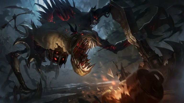 Fiddlesticks with a huge metal jaw and red-lit cage lunging toward a torch-bearing figure in a dark forest